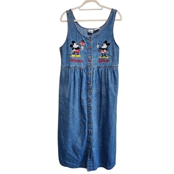 EUC VINTAGE Y2K MICKEY MINNIE EMBROIDERED DENIM BUTTON UP MIDI DRESS SZ L - Picture 1 of 6